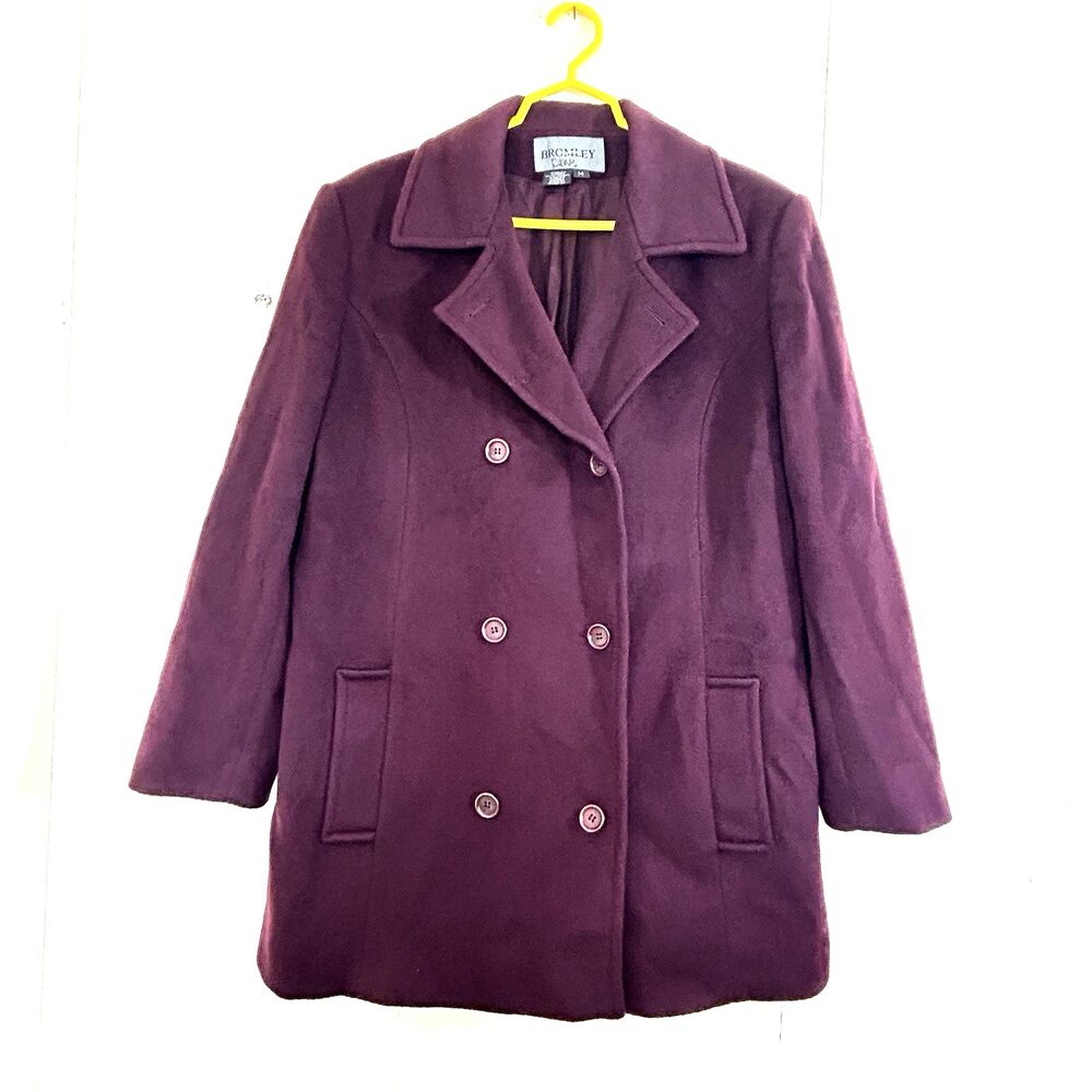 Bromley Vintage Wool Trench Coat Size 14 Deep Purple Double Breasted Button